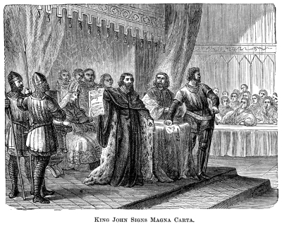 old drawing of king John signing the Magna Carta