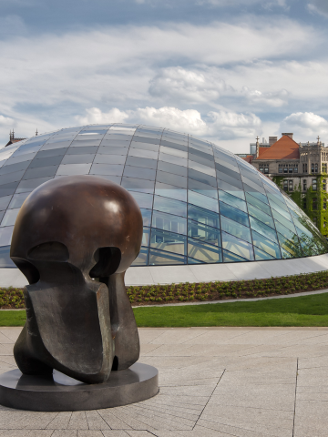 Nuclear Energy sculpture by Henry Moore, with the Mansueto Library in the background.