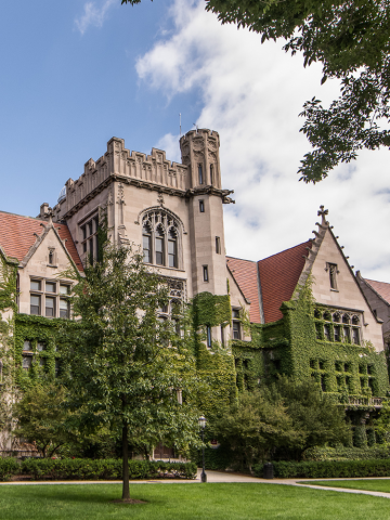 Ivy-covered gothic buildings on UChicago's Hyde Park campus.