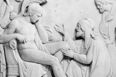 Nineteenth-century white marble sculpture depicting Priam as he kneels before Achilles, pleading for the body of his son Hector.