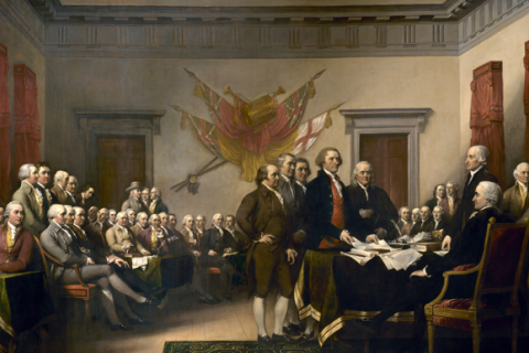 American artist John Trumbull's oil-on-canvas painting depicting the presentation of the draft of the Declaration of Independence to Congress.