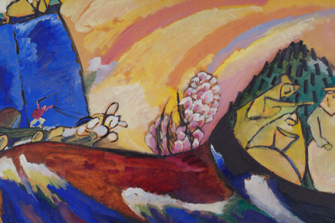  Wassily Kandinsky's abstract painting Painting with Troika features swirls of yellow, pink, red, and blue.