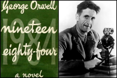 On the left: the first-edition front cover of the novel Nineteen Eighty-Four. On the right: a black-and-white photograph of George Orwell.