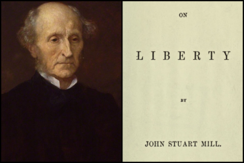 On the left: a painting of John Stuart Mill. On the right: itle page of the first edition of On Liberty (1859) by John Stuart Mill.