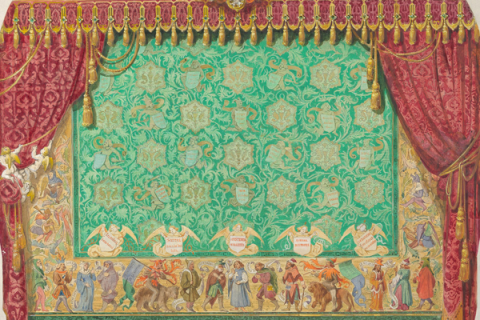 Nineteenth-century design for an ornate red theater curtain.