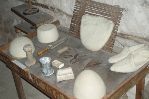 Tools and working table for making felt hats and slippers at the Ethnographic Museum in Krujë, Albania.