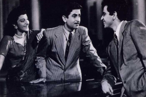 Film still from a black and white bollywood film
