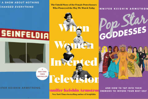 A collage of three book covers. On the left: Seinfeldia. In the middle: When Women Invented Television. On the right: Pop Star Goddesses.