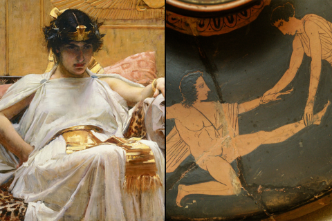 Cleopatra: The oil painting "Cleopatra" by John William Waterhouse (1888). Death Pentheus Louvre: Pentheus torn apart by Agave and Ino on an Attic red-figure cosmetics bowl lid, c. 450–425 BC.