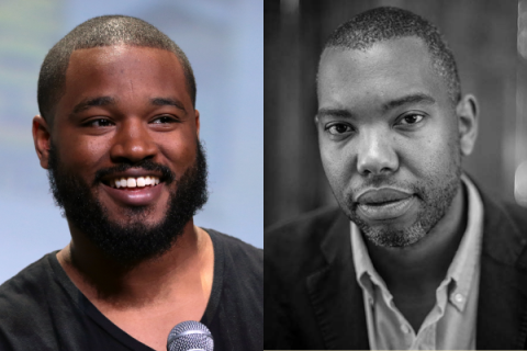 On the left: a photograph of Black Panther director Ryan Coogler. On the right: a photograph of author Ta-Nehisi Coates.