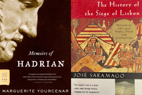 On the left: Marguerite Yourcenar’s Memoirs of Hadrian. On the right: Jose Saramago’s The History of the Siege of Lisbon.