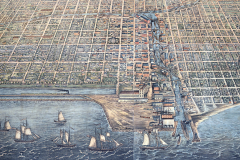 Old map of Chicago with lakefront