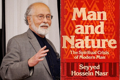 A picture of Seyyed Hossein Nasr next to his book, Man and Nature