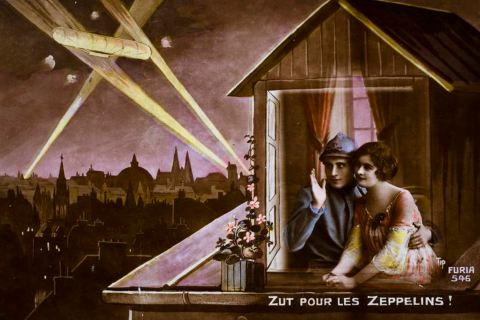 A World War One-era painted image of a French soldier telling his lover to watch out for the blimps