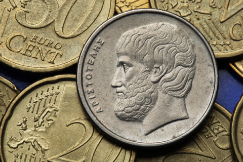 The Greek philosopher Aristotle depicted on the old Greek five drachma coin.