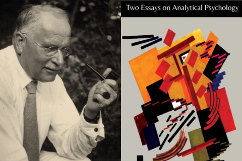 On the left: a black-and-white portrait of Carl Jung. On the right: the cover of Jung's Two Essays on Analytical Psychology.