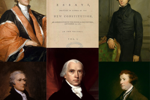 A collage of portraits of James Madison, John Jay, Alexander Hamilton, Alexis de Tocqueville, and Edmund Burke
