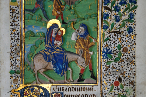 Page from a fifteenth-century Book of Hours, written in France on vellum, showing Joseph and Mary taking Jesus to Egypt.