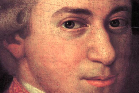 Detail of the face of Wolfgang Amadeus Mozart from a 1780s painting by Johann Nepomuk della Croce.